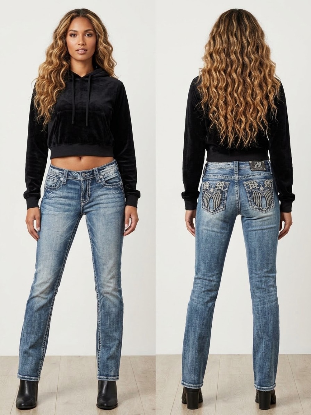 Miss Me Mid Rise Cropped Straight Jeans Size 29 Angel Wing Pockets Embellished